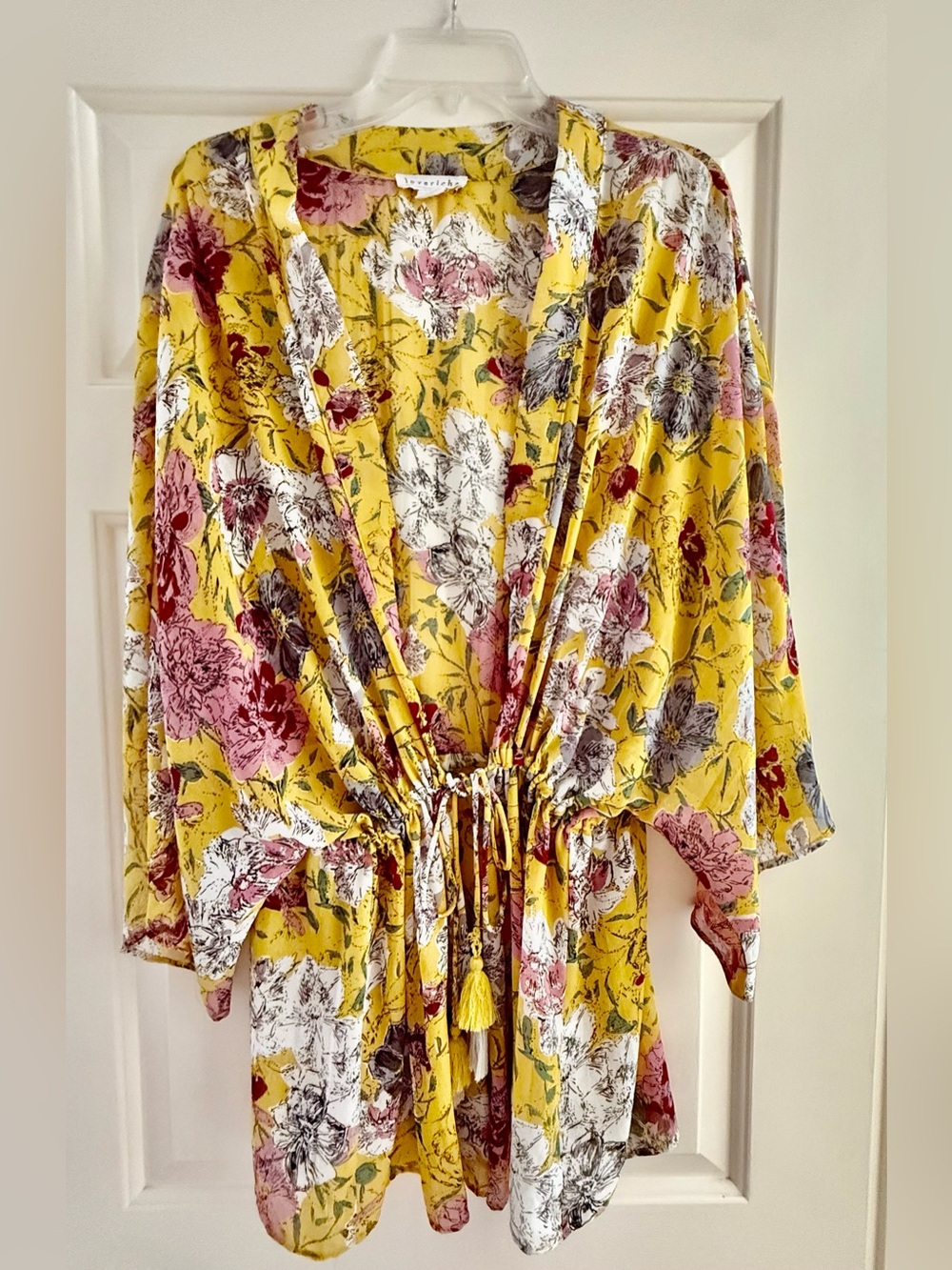 Love Riche Yellow Floral Kimono Top with Pink & White Blooms